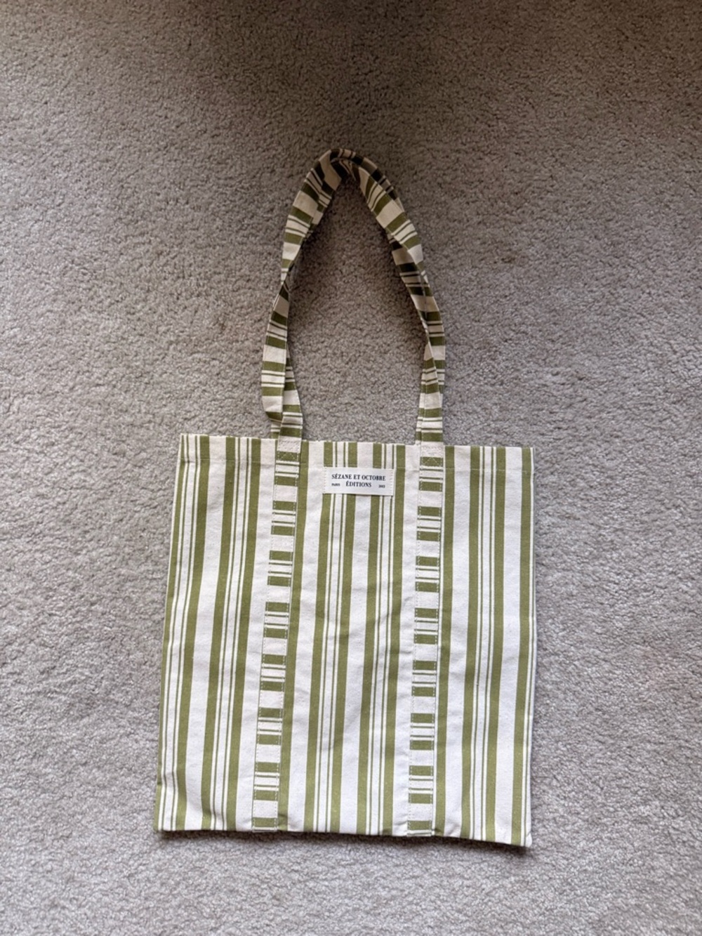 Sezane Green & White Striped Canvas Tote